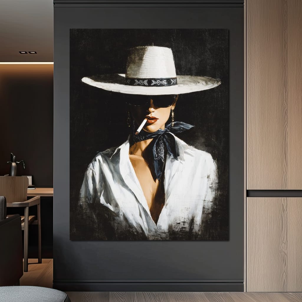 Noir Cowgirl Smoking Portrait Canvas Wall Art