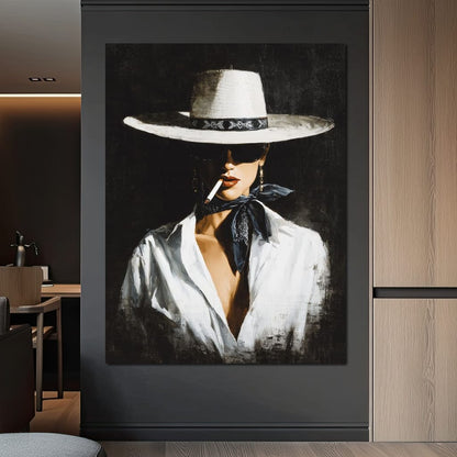 Noir Cowgirl Smoking Portrait Canvas Wall Art