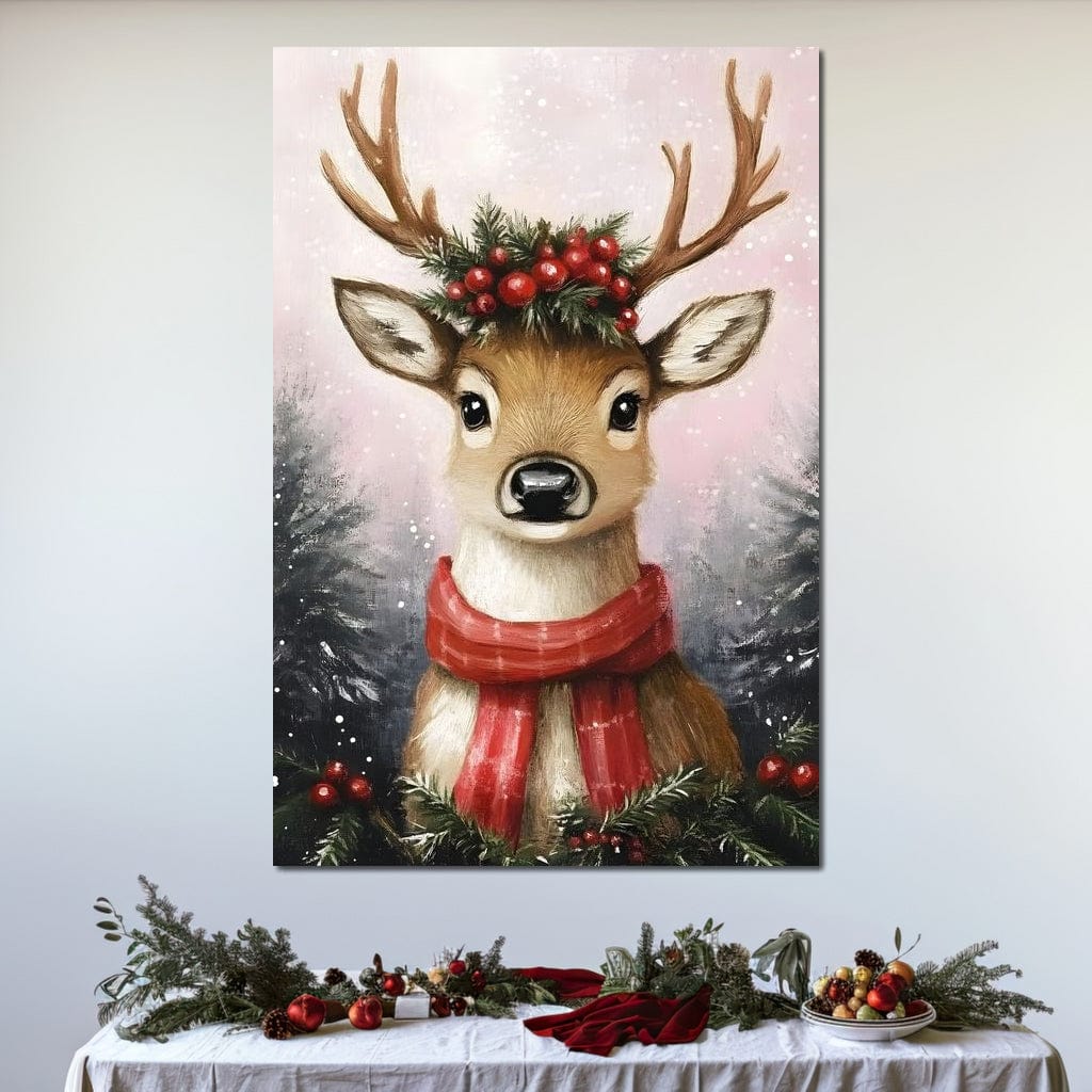 Holiday Reindeer Berries Cheer Canvas Wall Art