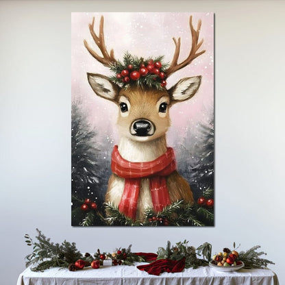 Holiday Reindeer Berries Cheer Canvas Wall Art