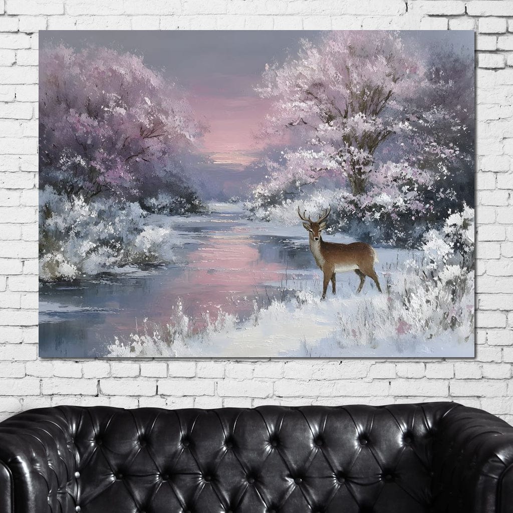 Winter River Deer Sunset Glow Canvas Wall Art