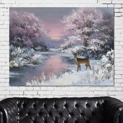 Winter River Deer Sunset Glow Canvas Wall Art