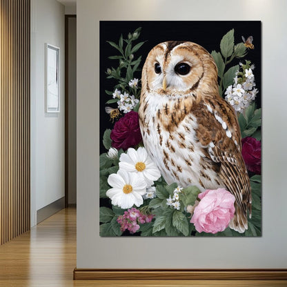 Barn Owl Floral Night Garden Canvas Wall Art