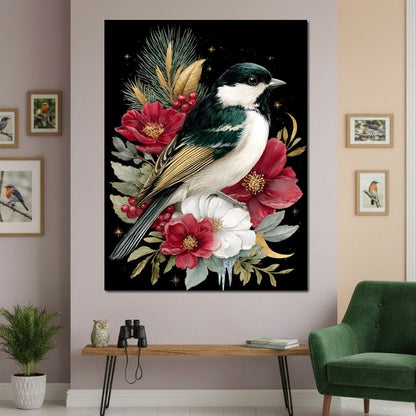 Moonlit Floral Gold Chickadee Canvas Wall Art