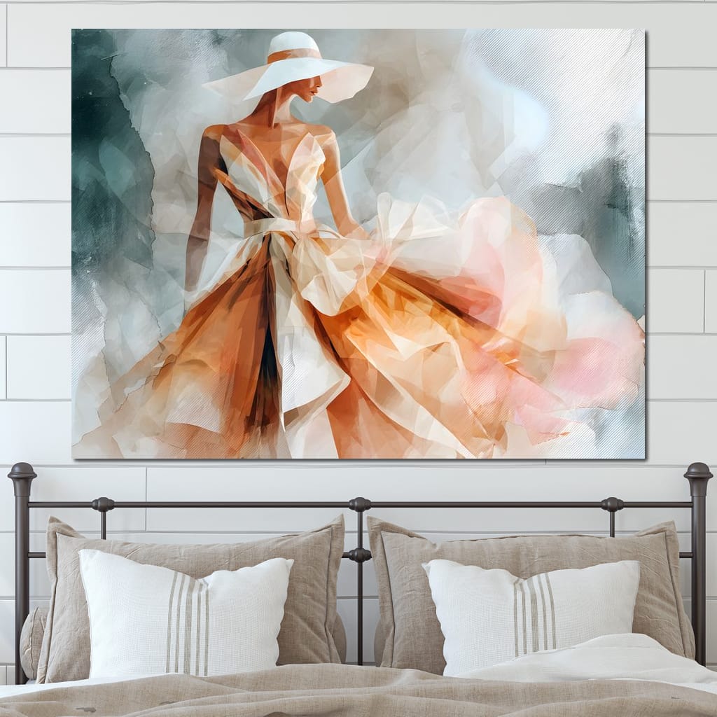Sun Hat Lady in Peach Gown Canvas Wall Art