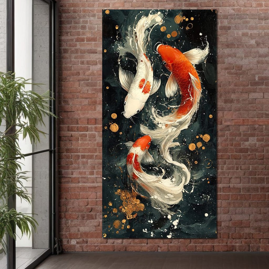 Koi Dance Under Golden Moon Canvas Wall Art