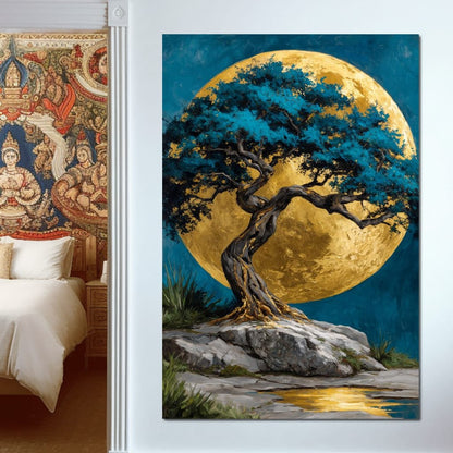 Golden Moonlit Tree Reverie Canvas Wall Art