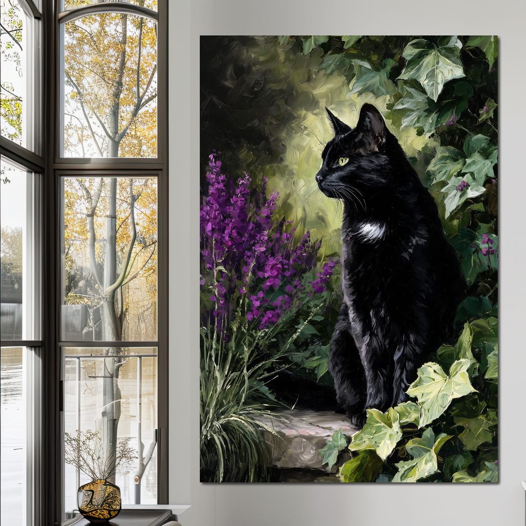 Black Cat Garden Sentinel Canvas Wall Art