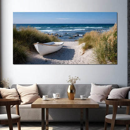 White Rowboat Coastal Dunes Canvas Wall Art