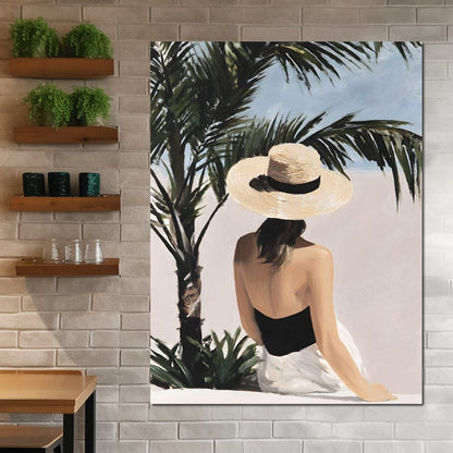 Coastal Palm Retreat Woman Hat Canvas Wall Art