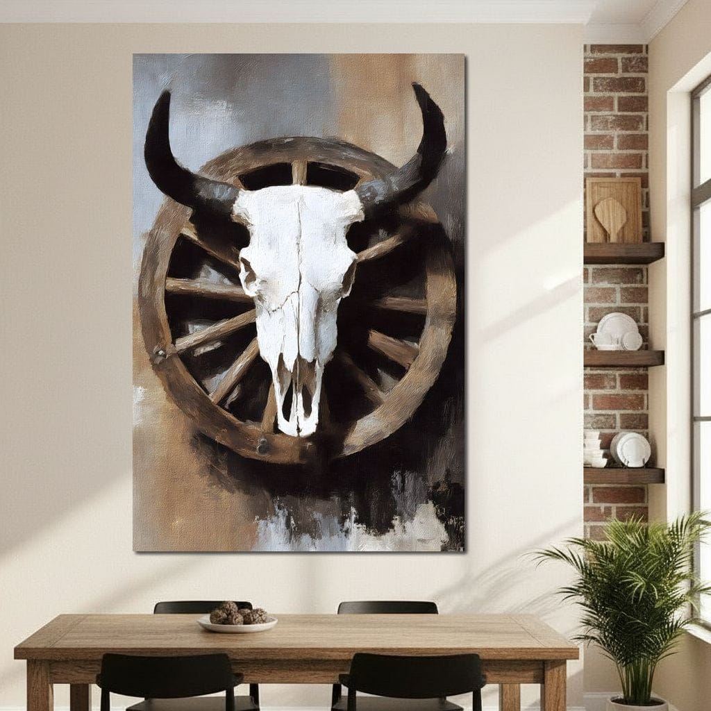 Western Bull Skull Wagon Wheel Canvas Wall Art