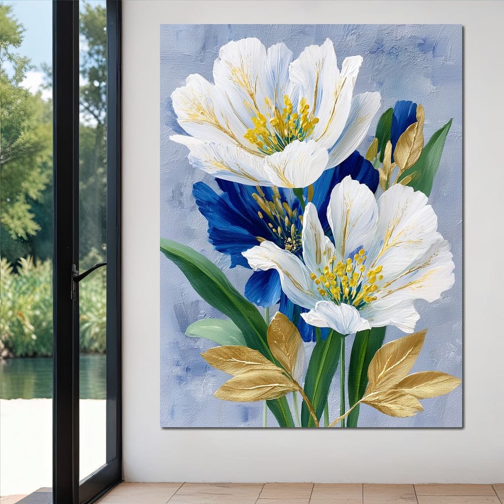 White Peony Blue Petals Gold Canvas Wall Art