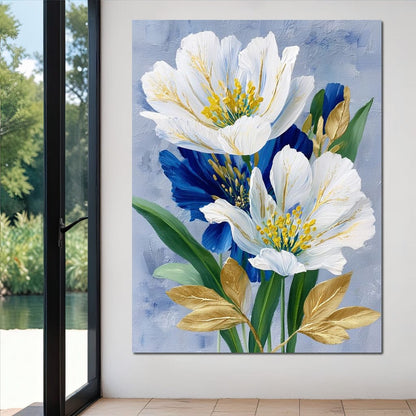 White Peony Blue Petals Gold Canvas Wall Art