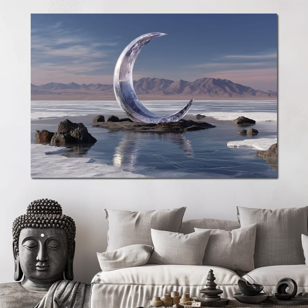 Silver Crescent Over Salt Flats Canvas Wall Art
