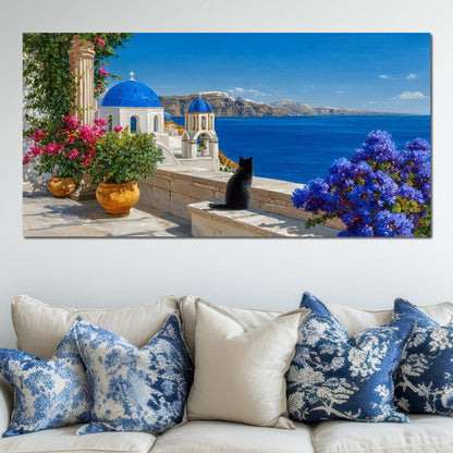 Santorini Blue Domes Cat Escape Canvas Wall Art