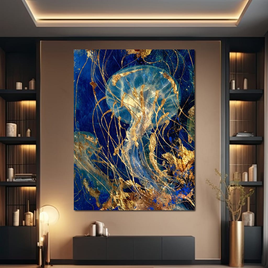 Golden Jellyfish Deep Blue Sea Canvas Wall Art