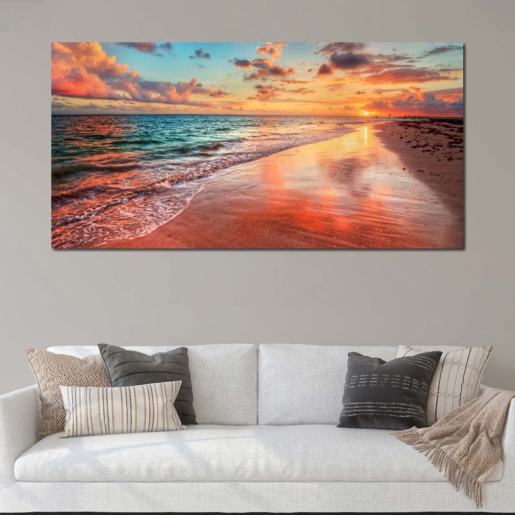 Sunset Over an Ocean Beach Shore Canvas Wall Art