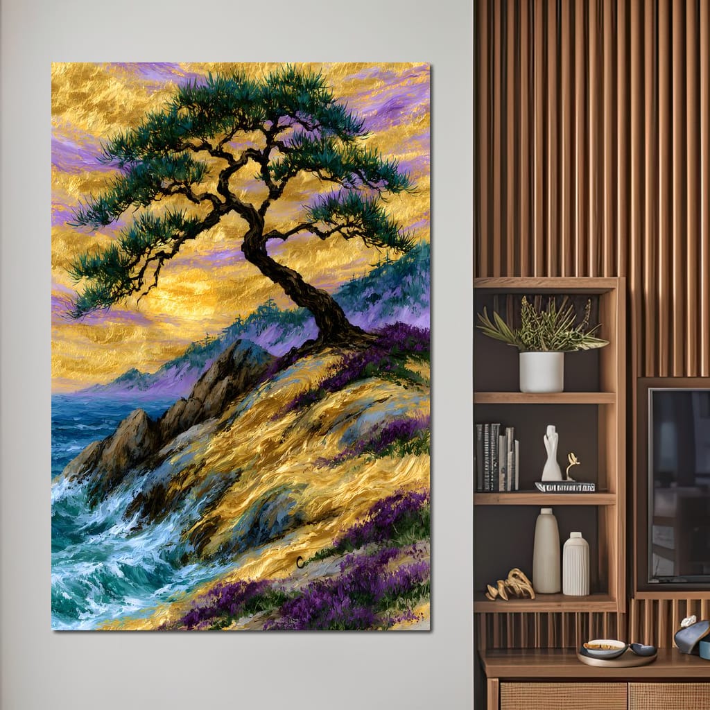 Golden Shoreline Beneath An Ancient Pine Canvas Wall Art