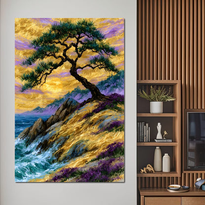 Golden Shoreline Beneath An Ancient Pine Canvas Wall Art