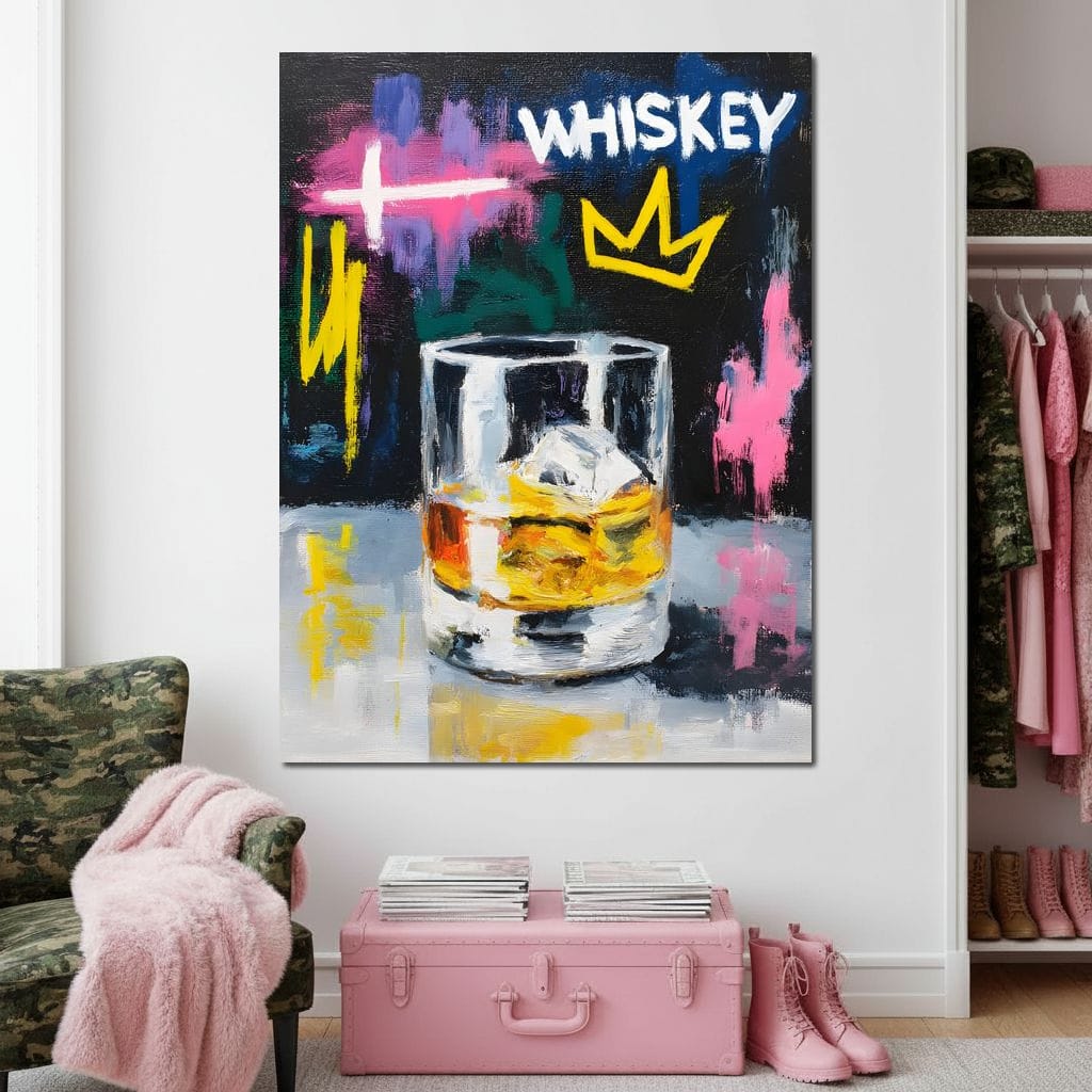 Whiskey Crown Rocks Glass Neon Canvas Wall Art