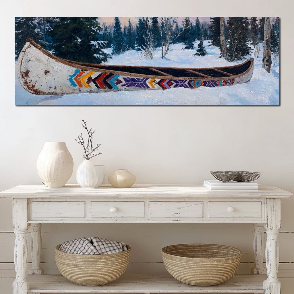 Painted Canoe Among Winter Pines Canvas Wall Art
