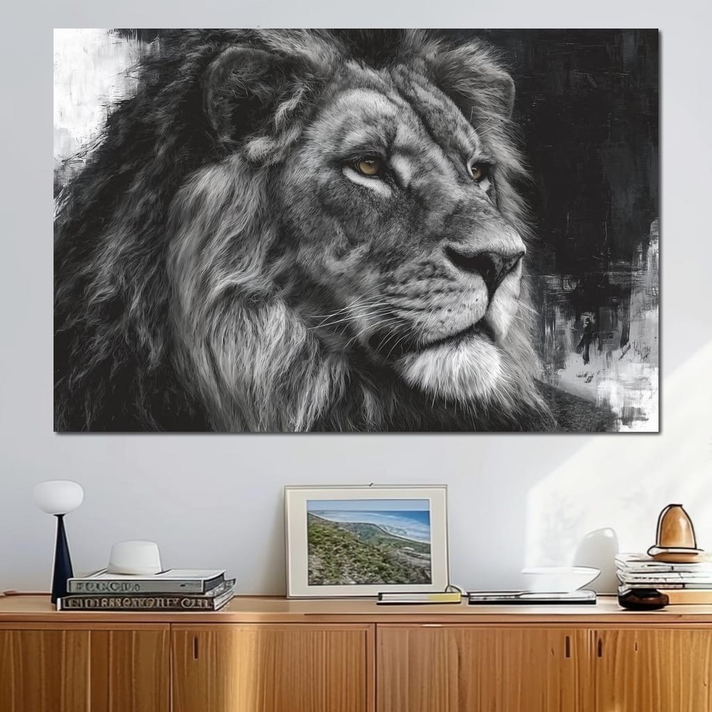 Regal Lion Monochrome Portrait Canvas Wall Art