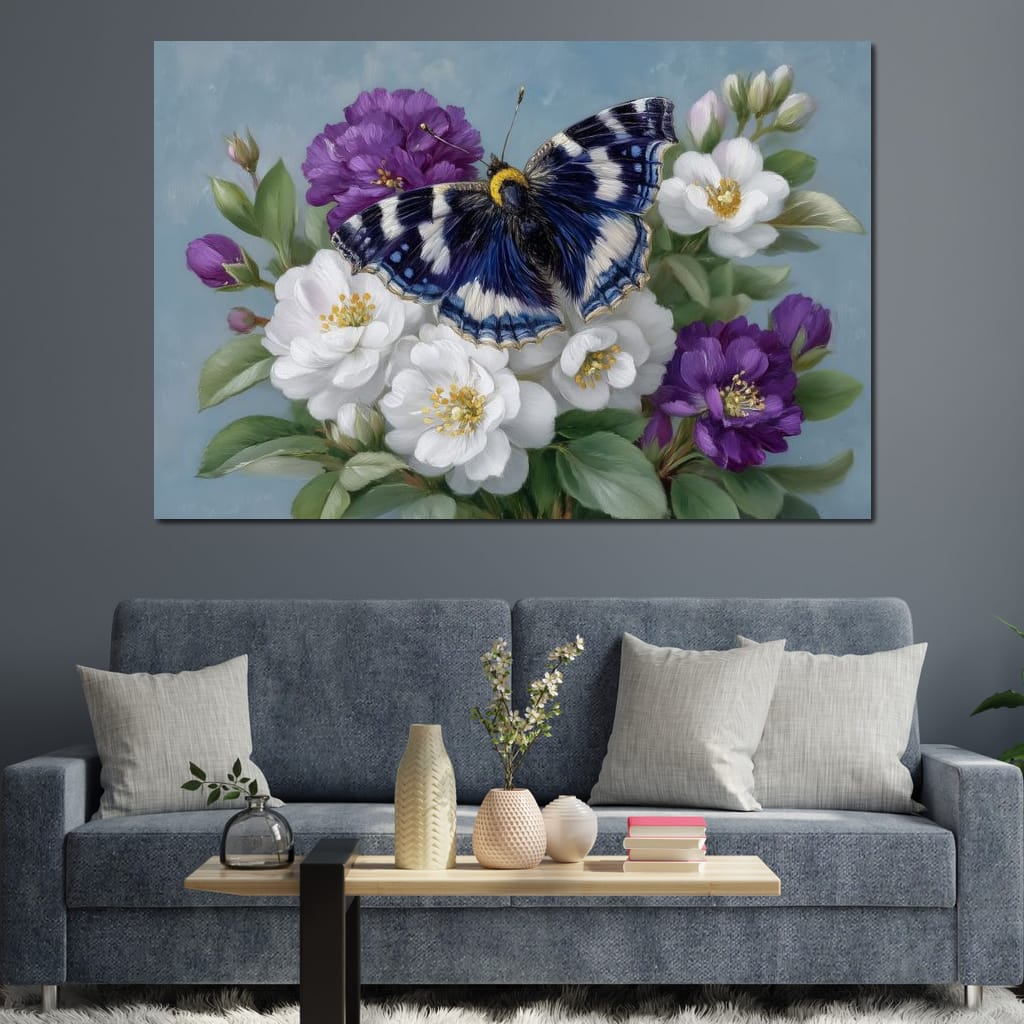 Blue Butterfly Garden Blossom Canvas Wall Art