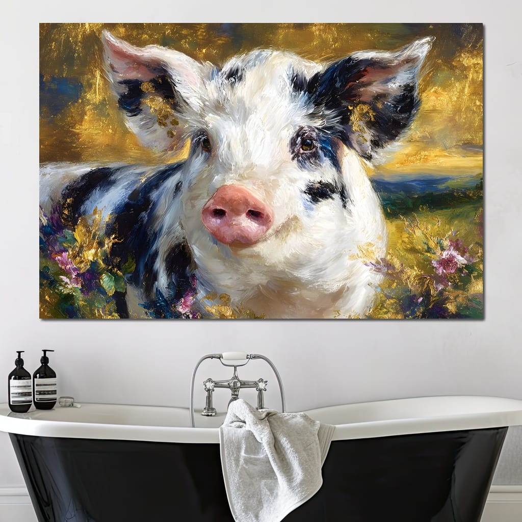 Golden Meadow Piglet Portrait Canvas Wall Art