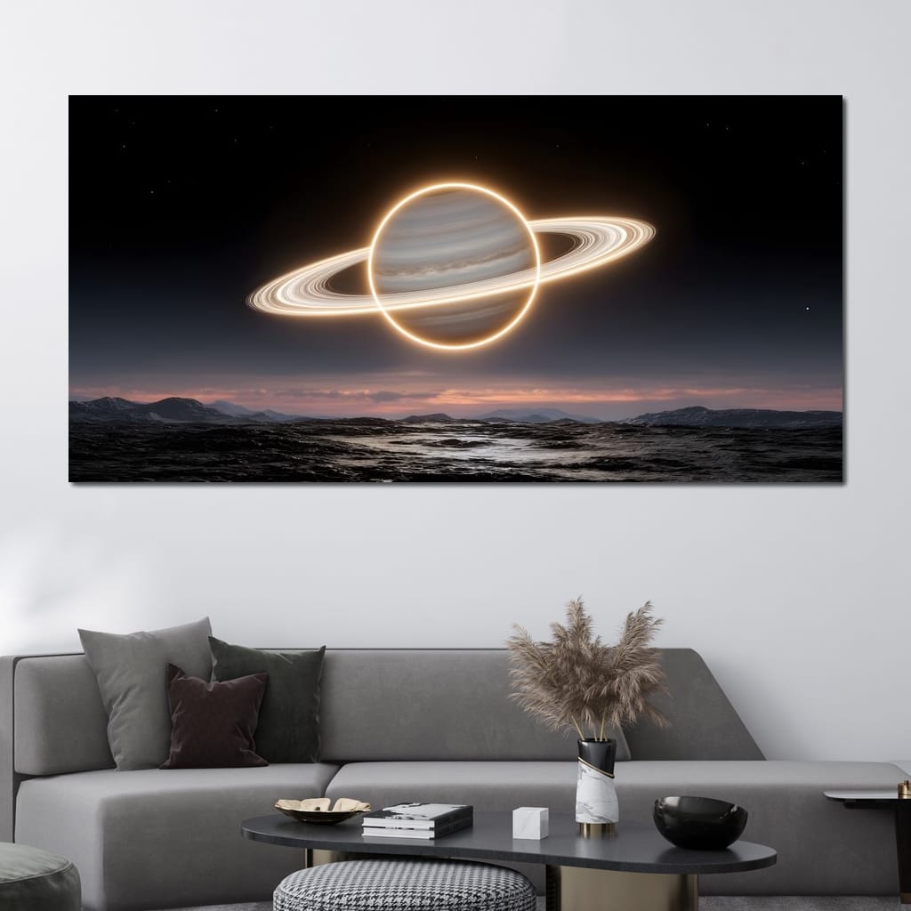 Luminous Saturn Over Alien Sea Canvas Wall Art
