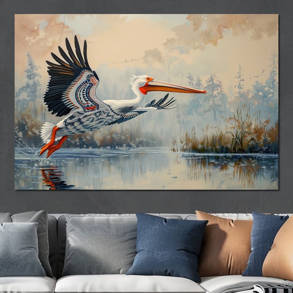 Ethereal Pelican's Graceful Glide Canvas Wall Art