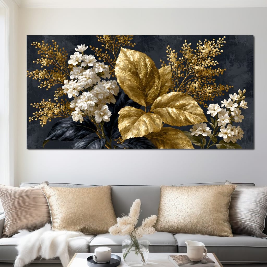 Gilded Foliage Upon Midnight Velvet Canvas Wall Art