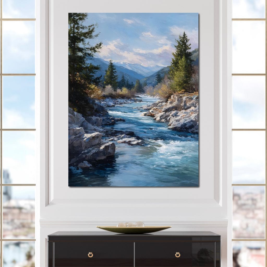 Alpine River Through Pines Canvas Wall Art