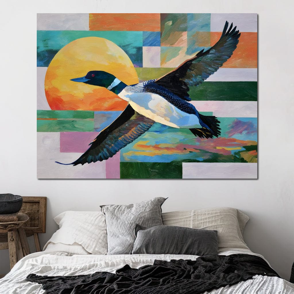 Flying Loon Over Golden Sun Canvas Wall Art