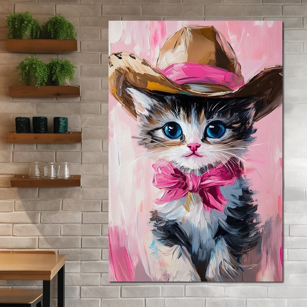 Cowboy Kitten Pink Bow Charm Canvas Wall Art