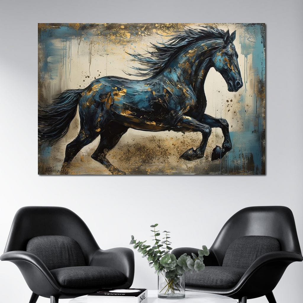Gilded Teal Horse Canvas Wall Art
