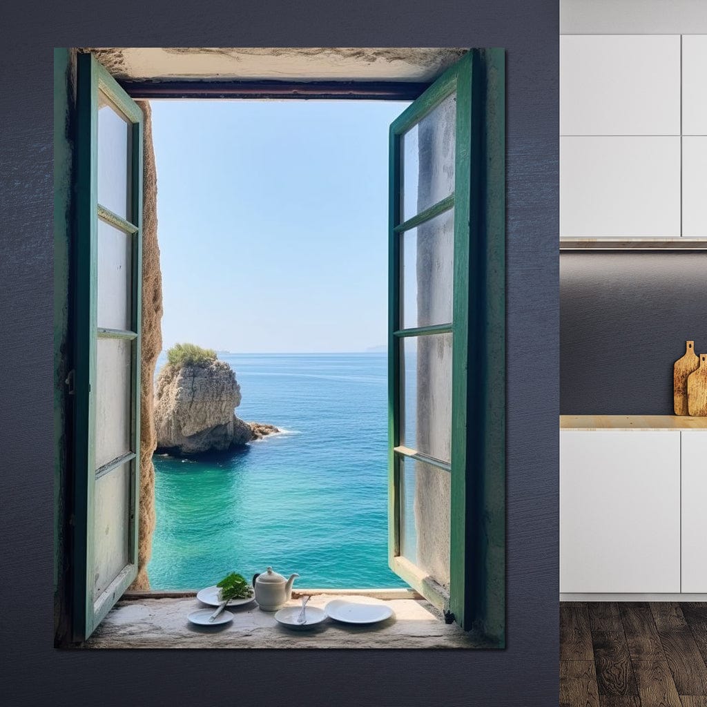 Oceanic Vista Through Wooden Pane Canvas Wall Art