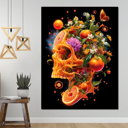 Floral Citrus Skull Energy Burst Canvas Wall Art
