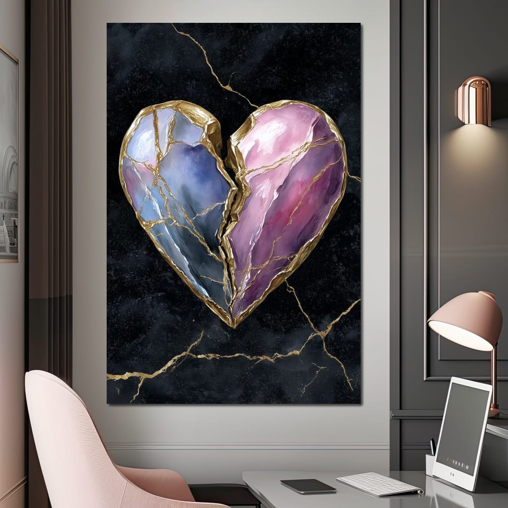 Kintsugi Split Heart Gold Canvas Wall Art