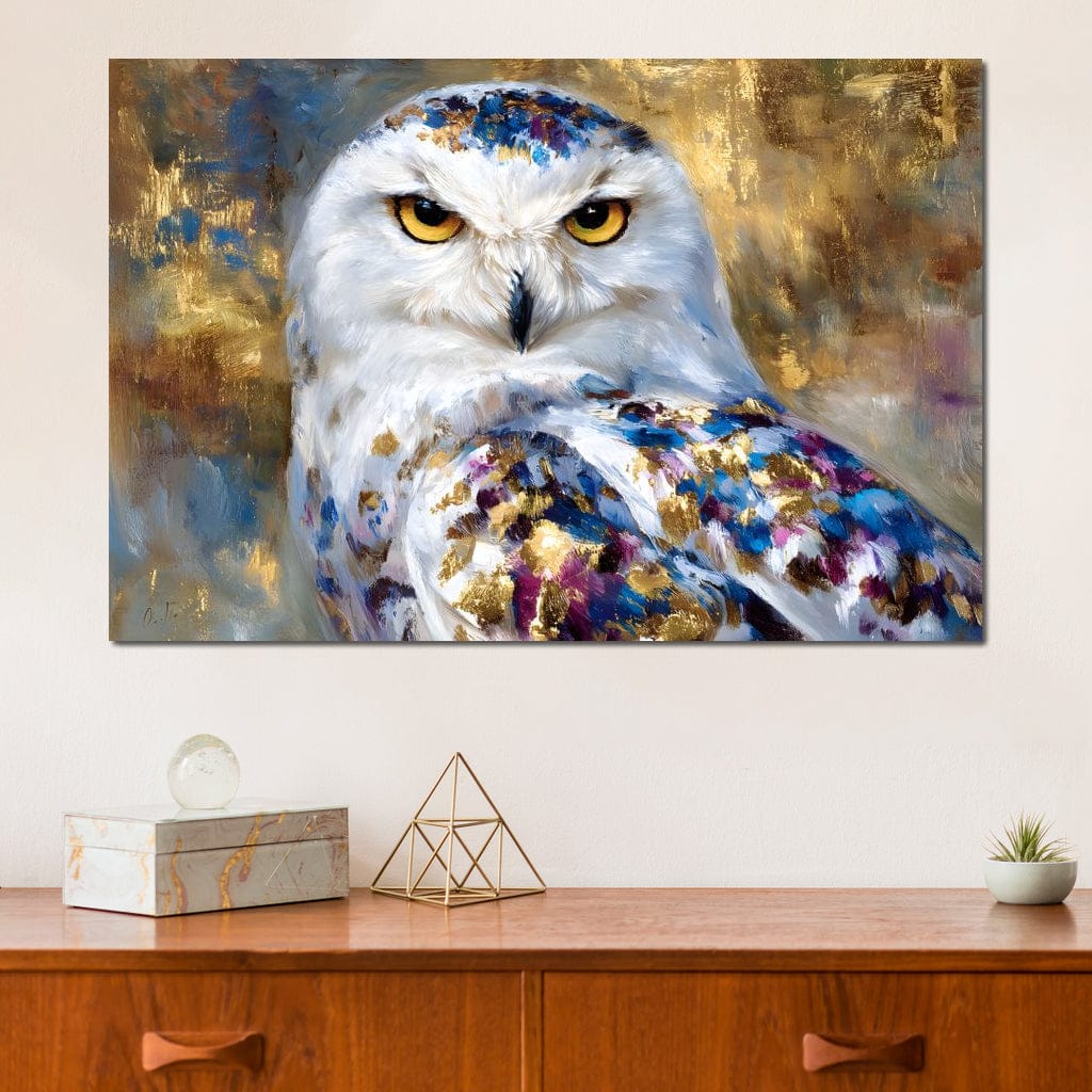 Golden Snow Owl Portrait Canvas Wall Art