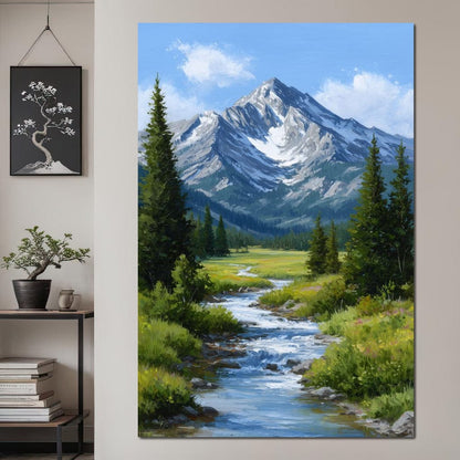 Alpine Peak River Meadow Sky Canvas Wall Art