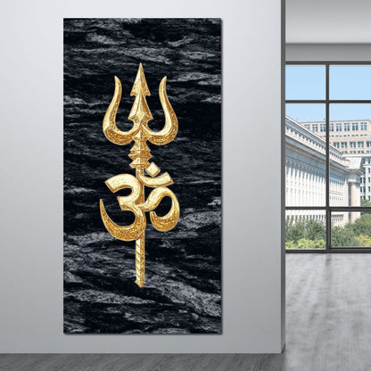 Golden Om Trishul Emblem Canvas Wall Art