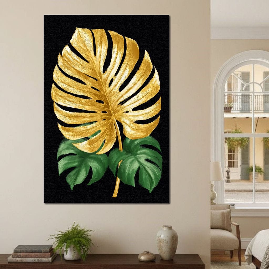 Golden Monstera Leaf Elegance Canvas Wall Art