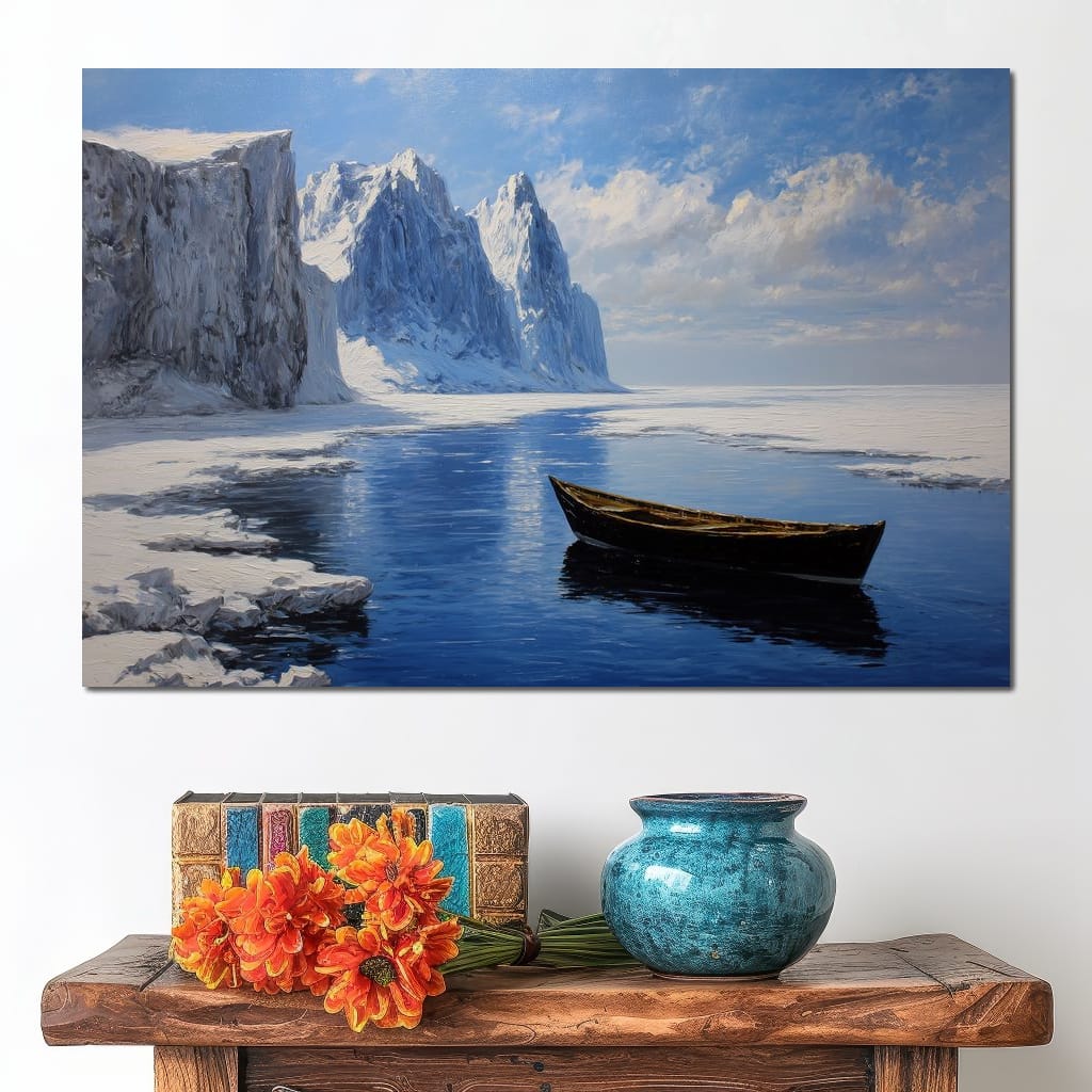 Silent Boat on Frozen Fjord Canvas Wall Art