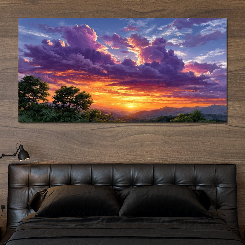 Golden Mountain Sunset Clouds Sky Canvas Wall Art