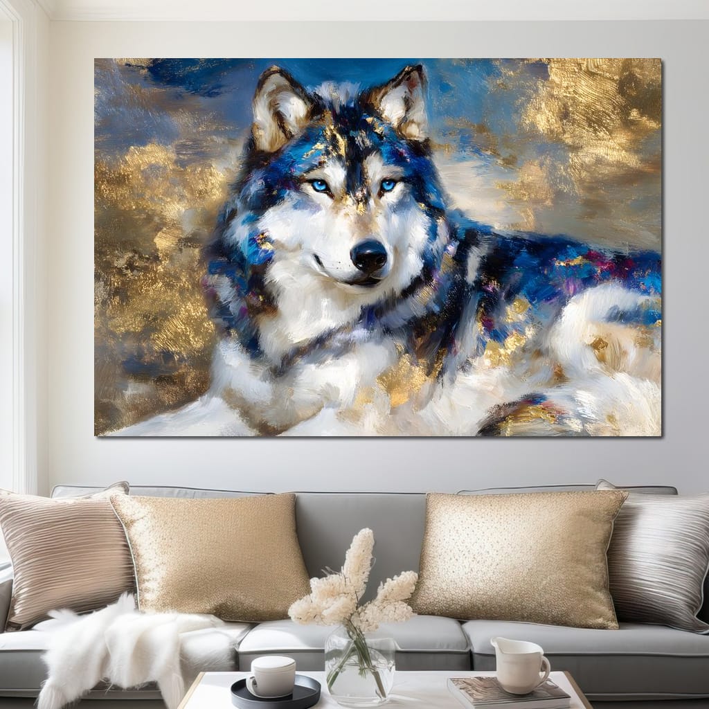 Sapphire Wolf Gold Radiance Canvas Wall Art
