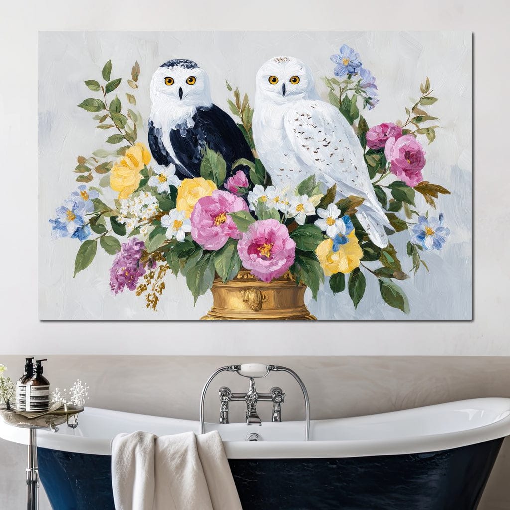 Snowy Owls Floral Canvas Wall Art