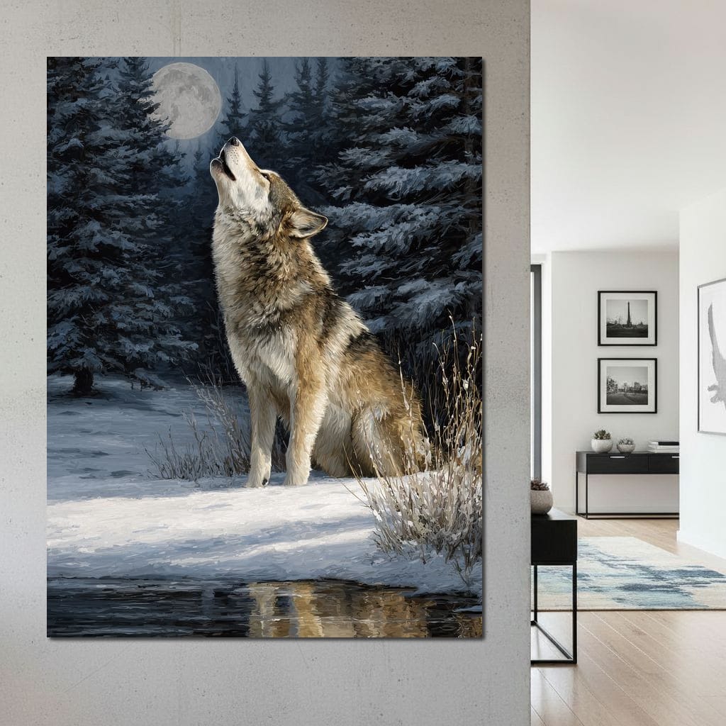 Moonlit Wolf Winter Howl Night Canvas Wall Art