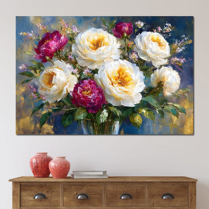 Golden Peonies on Blue Background Canvas Wall Art