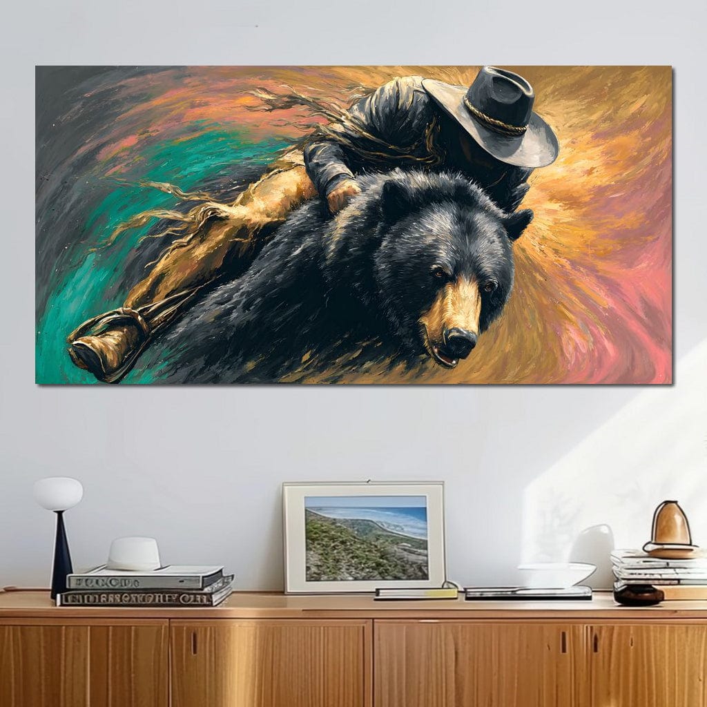Cowboy Charge On Midnight Bear Canvas Wall Art