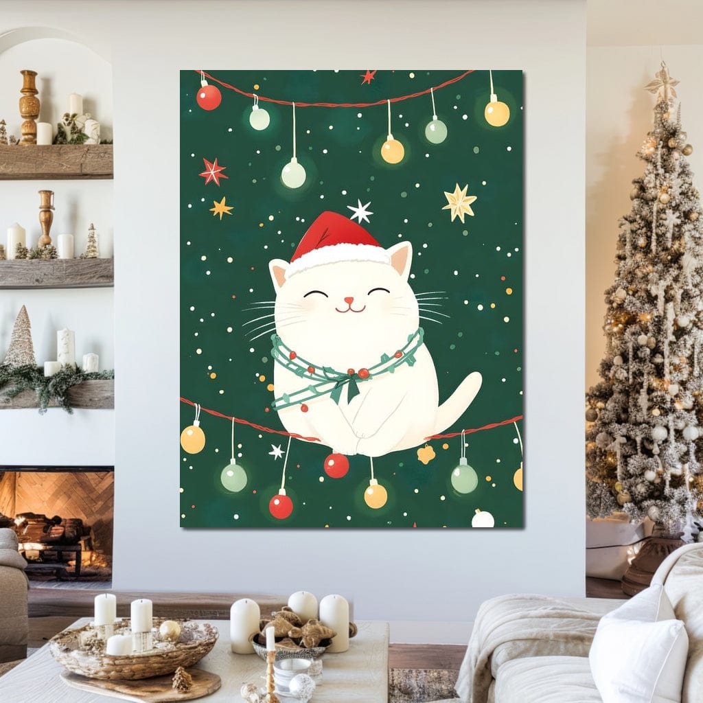 Jolly Santa Kitty Holiday Lights Canvas Wall Art